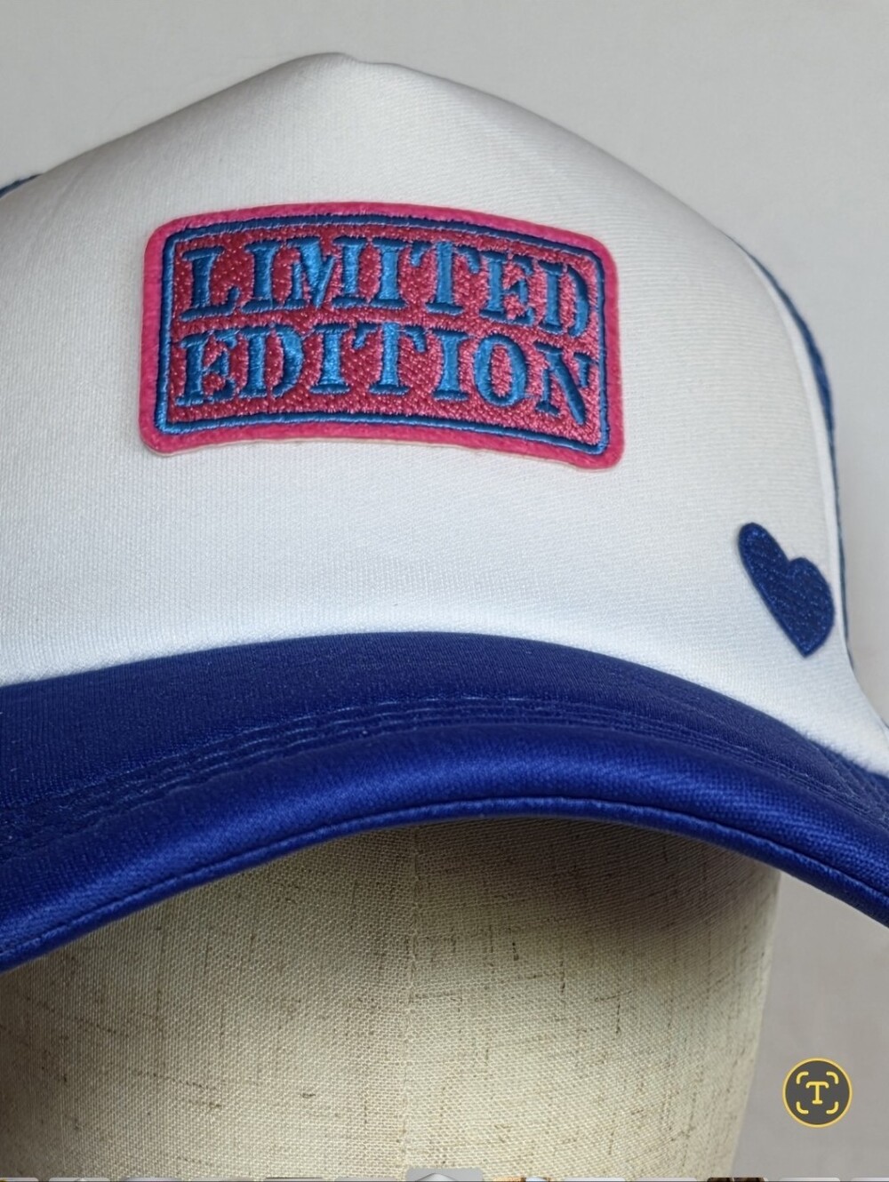 90s Inspired Womans Adjustable White, Pink, & Blue Trucker Hat With Heart Accent